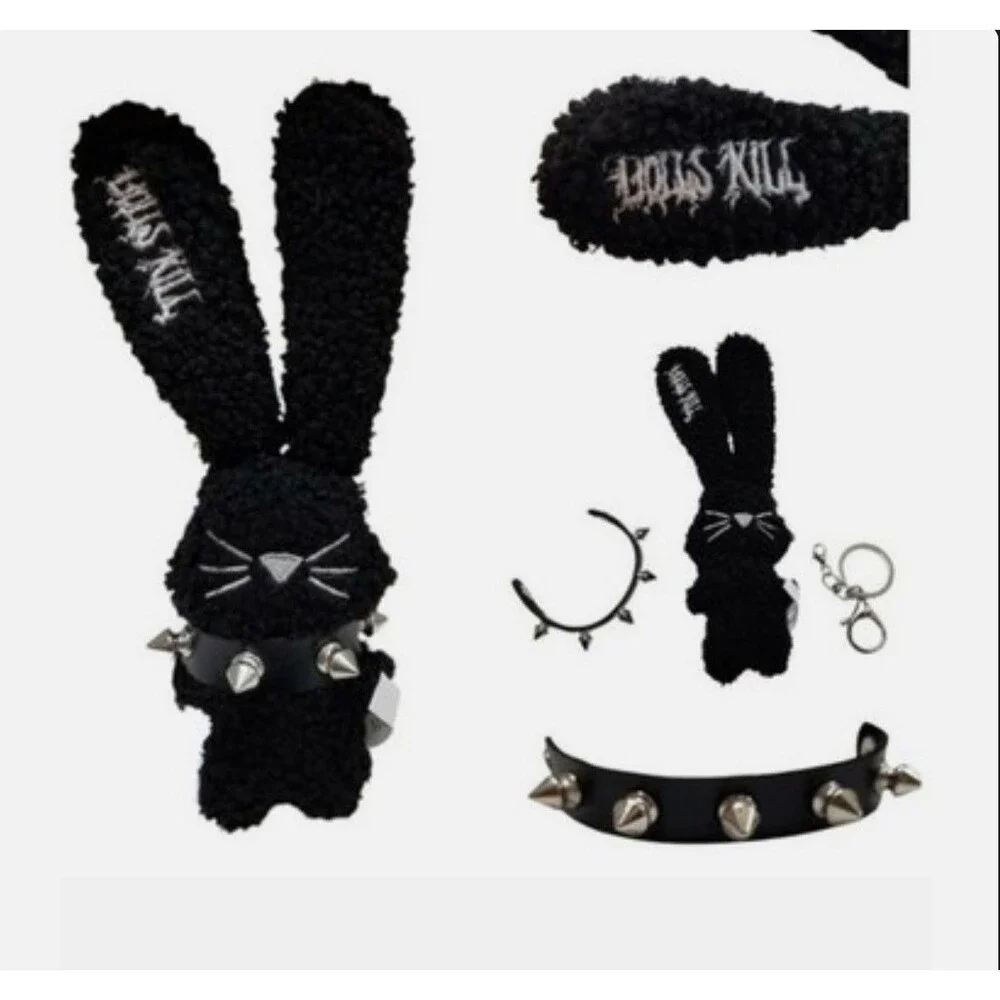 DOLLS KILL Logo Wooly Fuzzy Gothic Bunny Studded Collar Keychain Black NEW